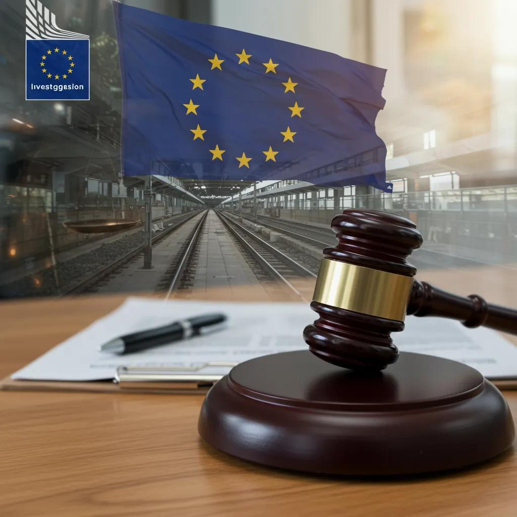 Gavel and legal documents on desk, with EU flag, symbolizing regulatory oversight in infrastructure
