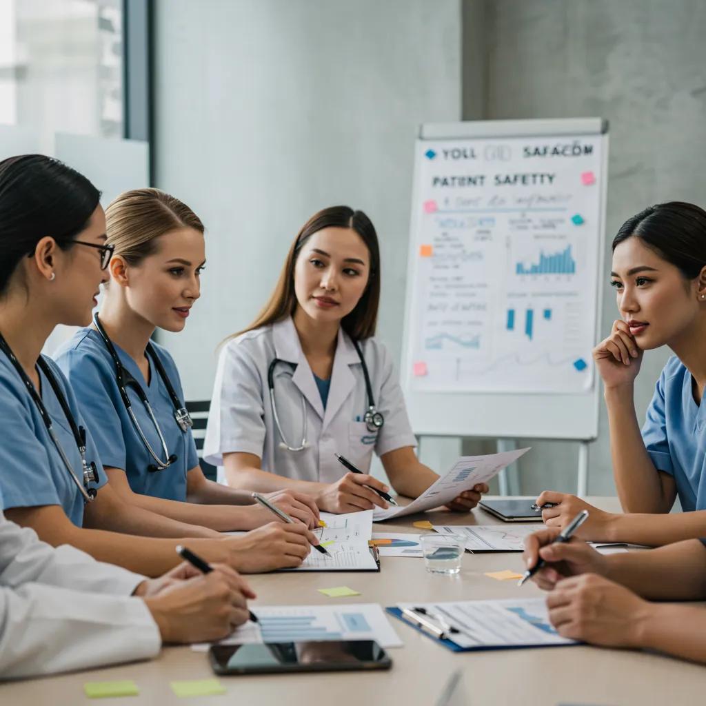 Healthcare professionals in a meeting discussing crucial patient safety protocols in a hospital setting