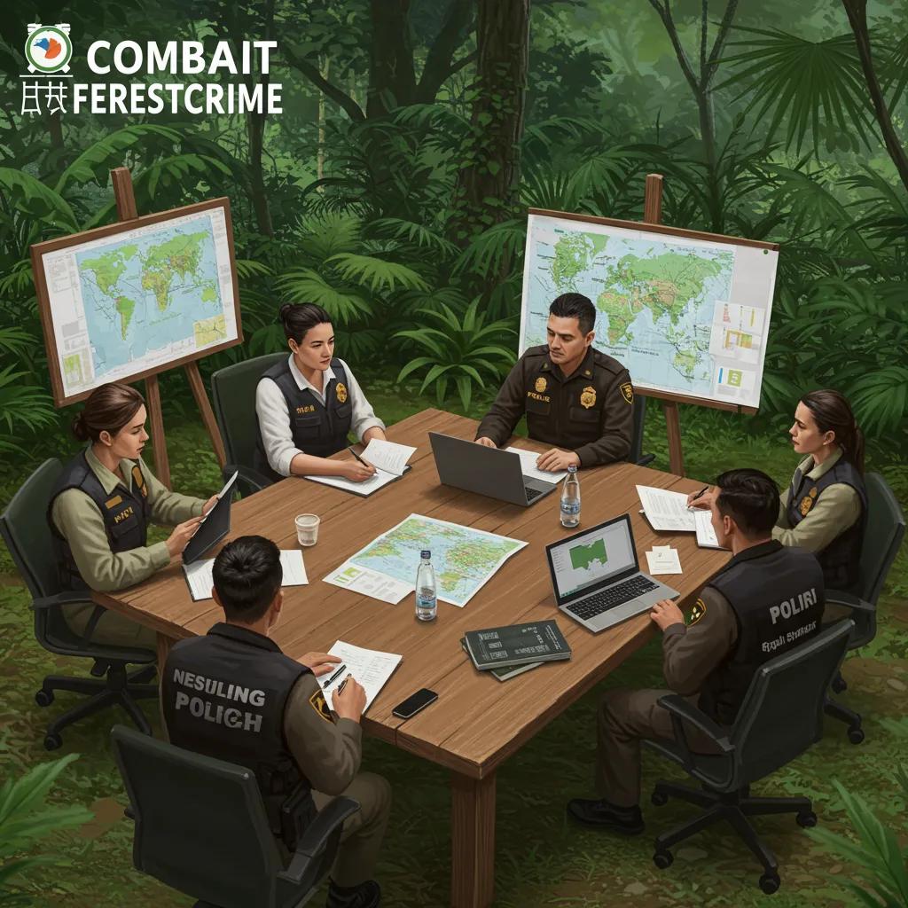 Law enforcement officials strategizing to combat forest crime in a lush tropical environment