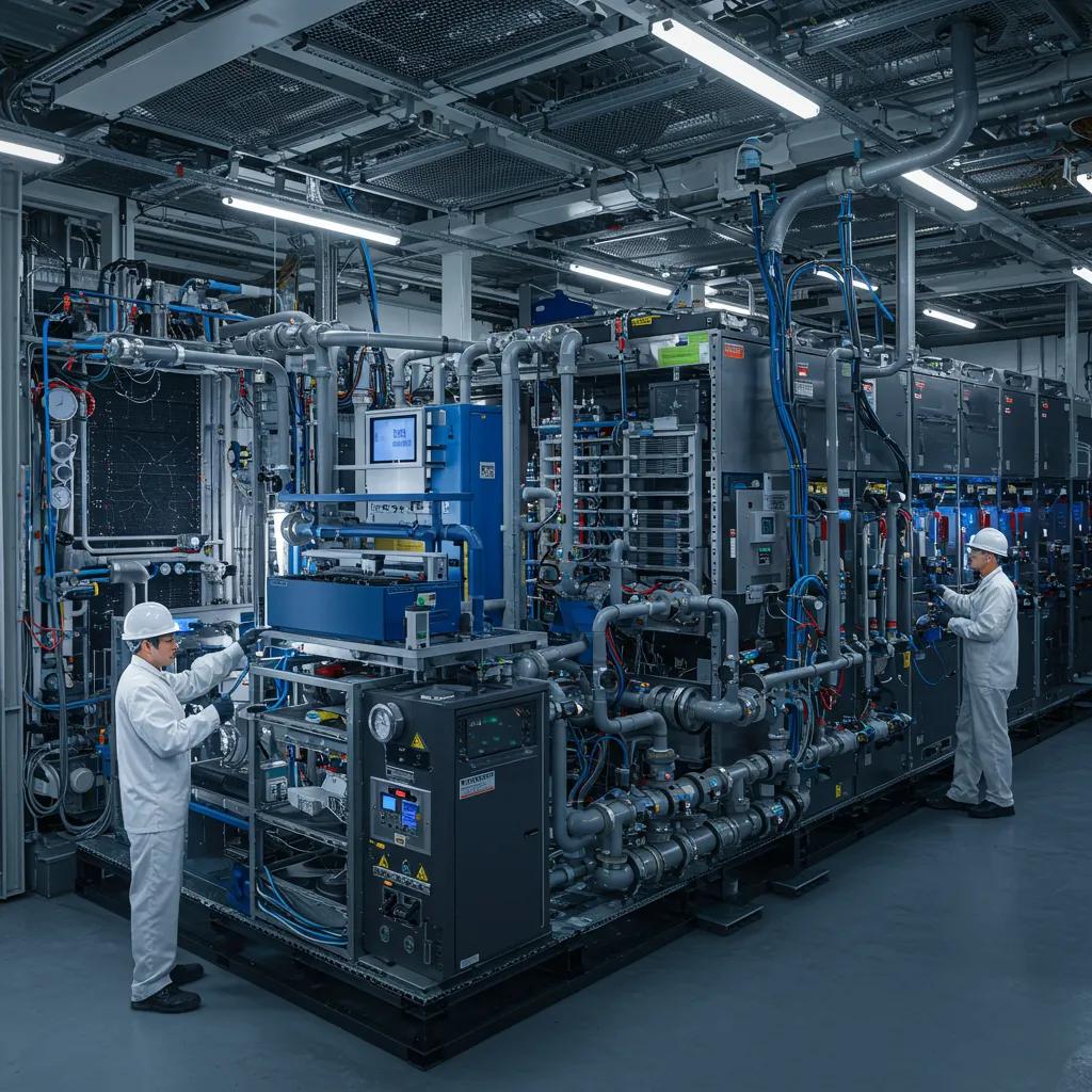 Technicians working on a sophisticated liquid cooling system within an AI data center