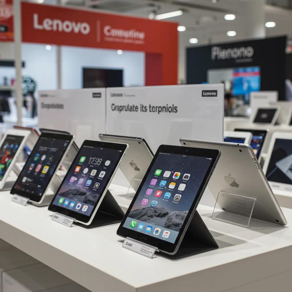 Popular tablet brands showcased in a modern electronics store, featuring Lenovo, Apple, and Samsung devices