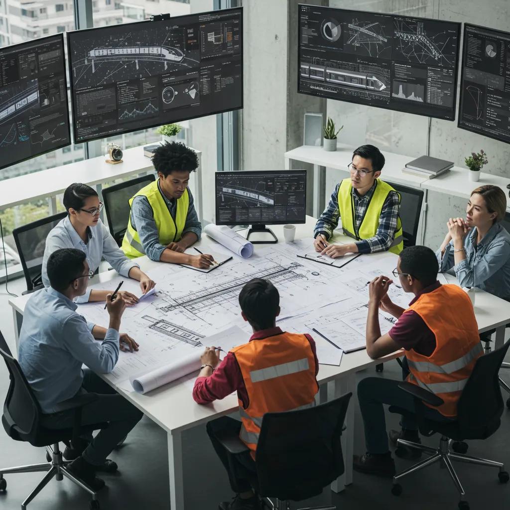 Team of professionals reviewing railway project blueprints in a modern office setting