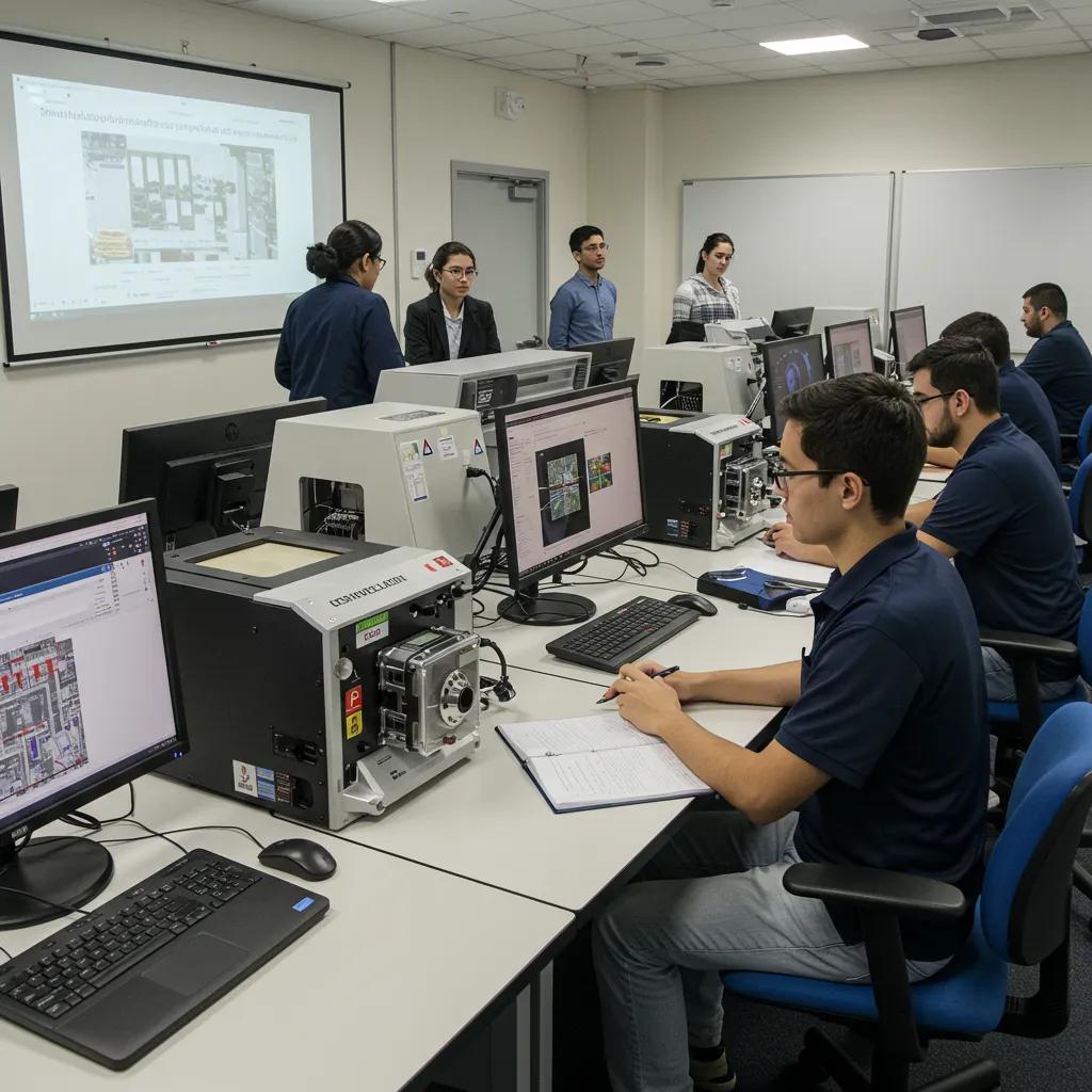 Students engaged in hands-on learning about IC design and testing at a semiconductor academy