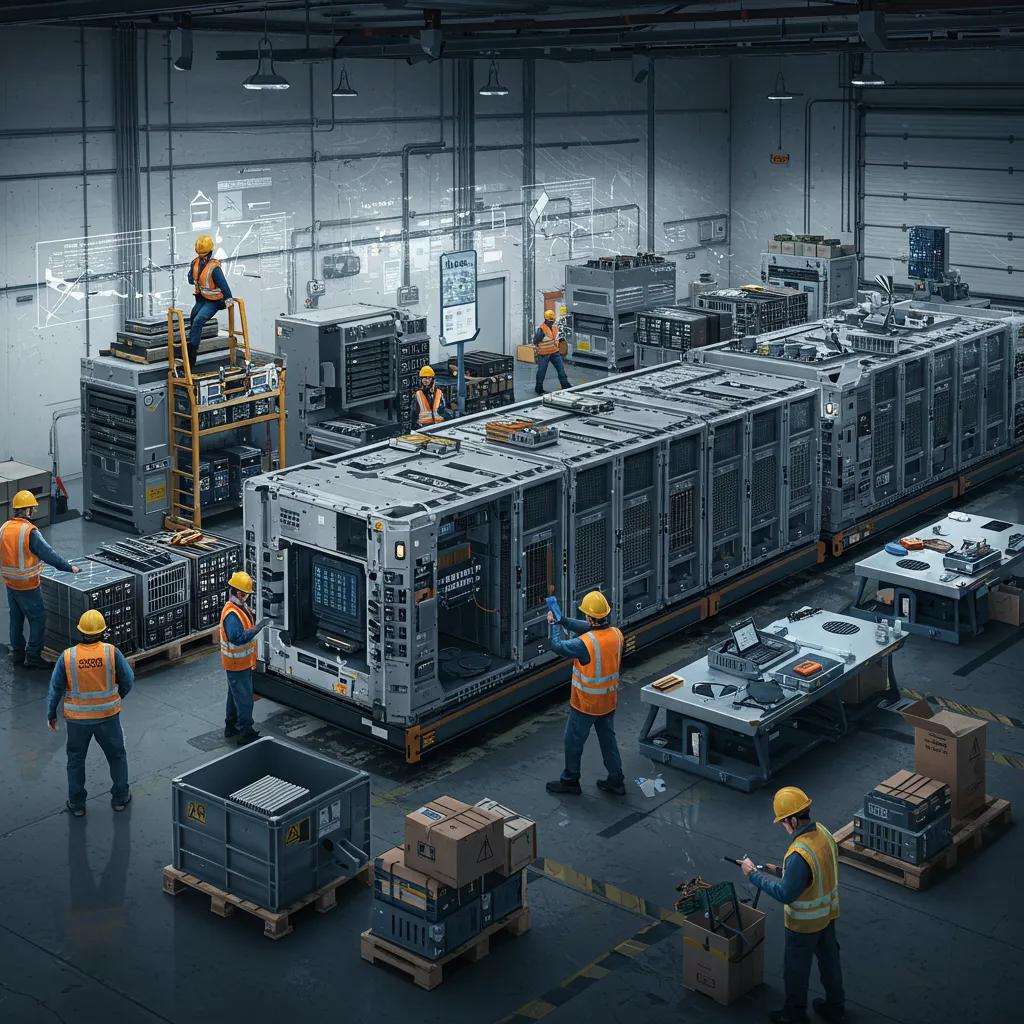 Workers managing logistics within a complex supply chain environment for AI data center components