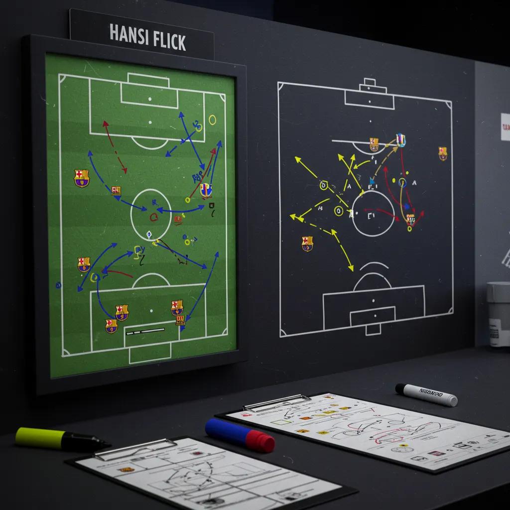 A tactical board illustrating Hansi Flick's strategic plans for Barcelona's match against Club Brugge, detailing player formations and movement patterns